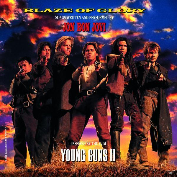 A Young Guns II album borítója, a szereplők fegyvereket szegeznek a nézőre. Cím: Blaze of Glory.