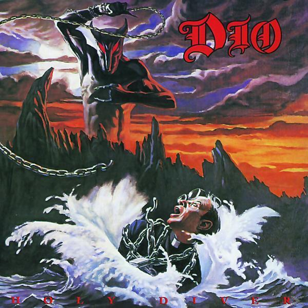 Albumcover: Dämon mit Kette, Priester im Wasser, feuriger Himmel, Bandname Dio.