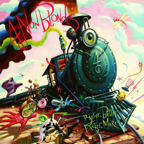 Albumcover. Ein Zeichentrickzug mit Auge und andere surreale Objekte. Titel 'A Non Blonde'.