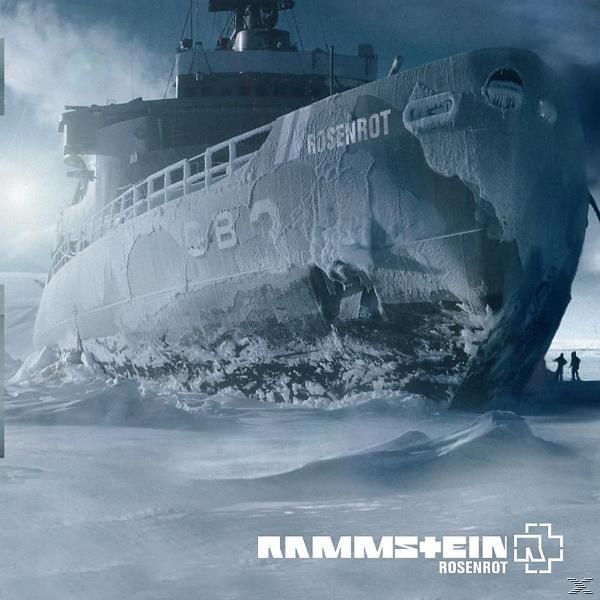 Rammstein Albumcover, ein Schiff in einer eisigen Landschaft. Text ROSENROT und Bandname unten.