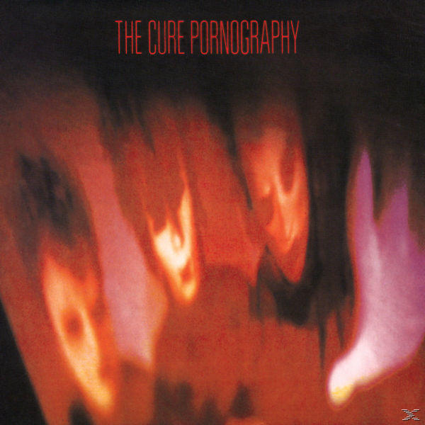 Albumcover mit roten und orangen abstrakten Formen und Text, der 'Pornography' sagt.