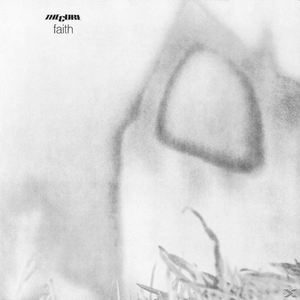 Albumcover: Faith von The Cure. Verschwommenes Graustufenbild mit dunkler Form und Bandname links oben.
