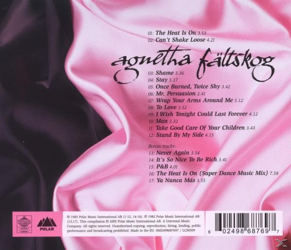 Rückseite des Albums mit Titelliste und Text auf pinkfarbenem Hintergrund. Interpret ist Agnetha Fältskog. Spieldauer angegeben.