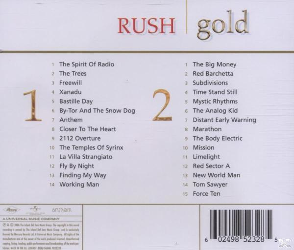 Album-Rückseite mit Titelliste. Goldener Hintergrund, zwei Spalten mit Titeln. Bandname: Rush.