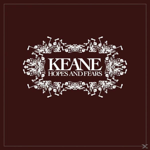 Albumcover. Keane, Hopes and Fears. Weißer Text, umgeben von einem weißen Design auf braunem Hintergrund.