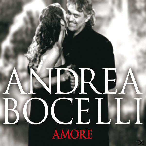 Andrea Bocelli album borítója, ölelkező nővel. 'Amore' cím vastag fehér betűkkel.