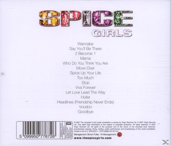 CD-Cover mit dem Bandnamen 'Spice Girls', einer Titelliste und einem Barcode.
