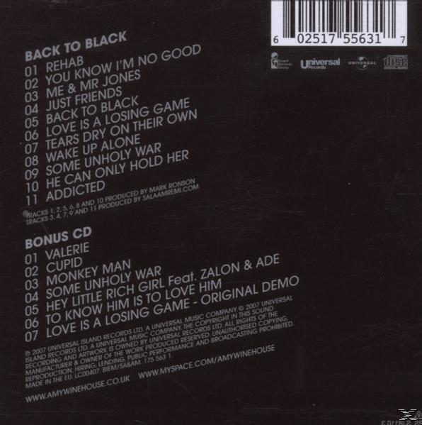 Album-Rückseite mit Tracklist, weißer Text auf schwarzem Hintergrund. Interpret ist Amy Winehouse. CD-Info und Logo unten.