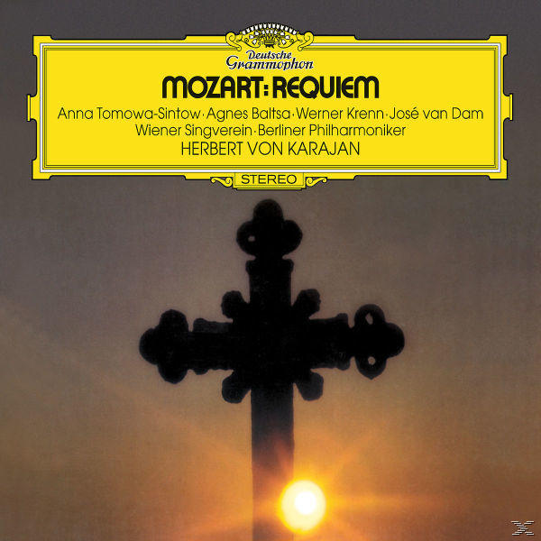 CD-borító, Mozart, Requiem, egy kereszt naplementés háttér előtt, szöveggel.