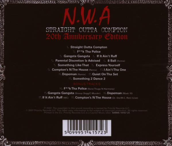 Album-Rückseite. Text listet Songtitel auf, darunter "Straight Outta Compton". Schwarzer Hintergrund mit weißem Rand.