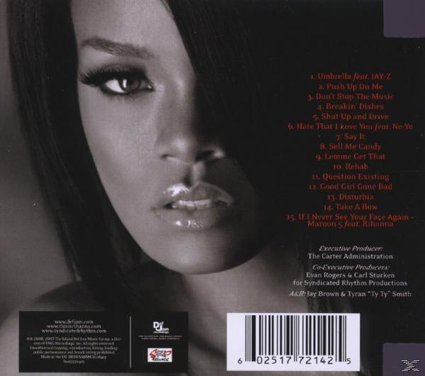 Albumhoes: Rihanna, close-up van het gezicht. Songlijst is zichtbaar. Zwart-wit foto.
