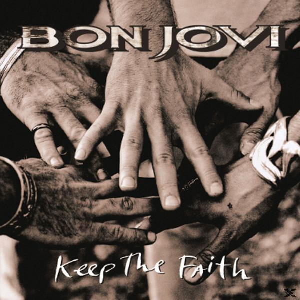 Pochette d'album. Mains tendues. Texte Bon Jovi. Titre Keep The Faith.