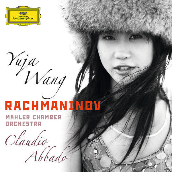 Albumcover: Yuja Wang, Gesicht, mit Text über Rachmaninow, Mahler Chamber.