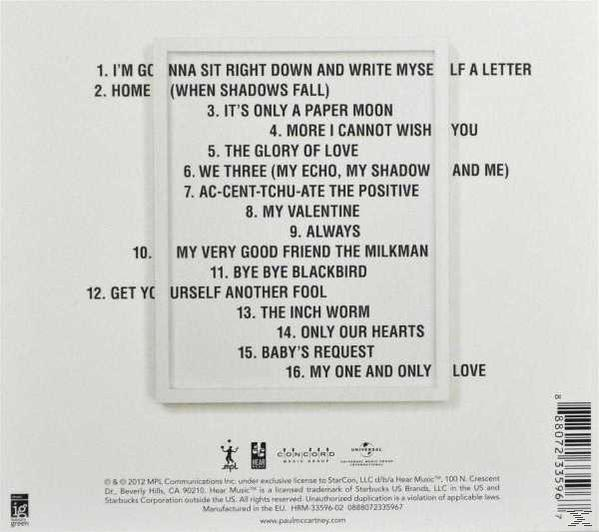CD-Cover. McCartney. Trackliste. Weißer Rahmen mit einer Liste von Songs. Weißer Hintergrund.