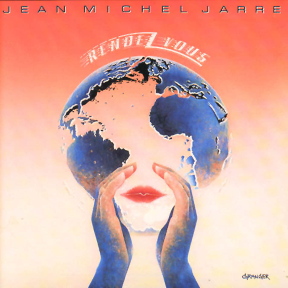 Album borító, Jean Michel Jarre, Rendezvous. Föld arc, kezek körülötte, piros ajkak, kék és narancs színek.