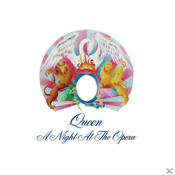 Queen-logo met een wapenontwerp en de albumtitel 'A Night At The Opera'.