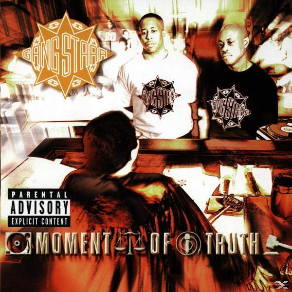 Albumcover: Gang Starr, zwei Männer vor einem Schreibtisch. Parental Advisory Label. Moment of Truth.