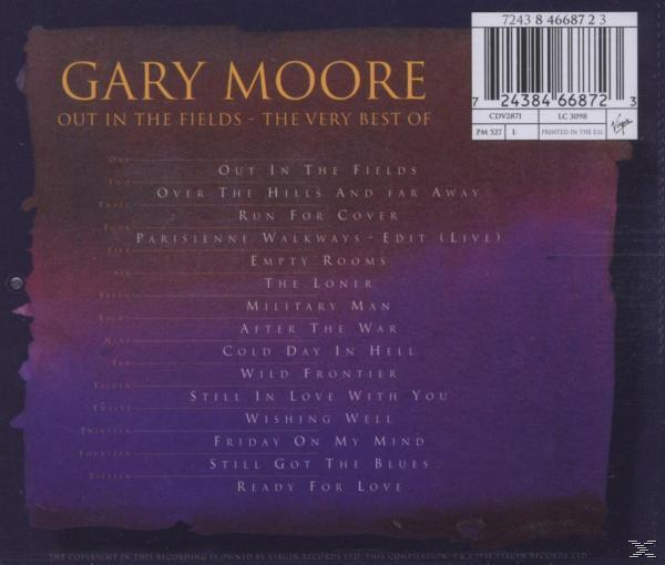 Albumcover mit Titelliste auf violettem Hintergrund. Künstlername 'Gary Moore' oben.