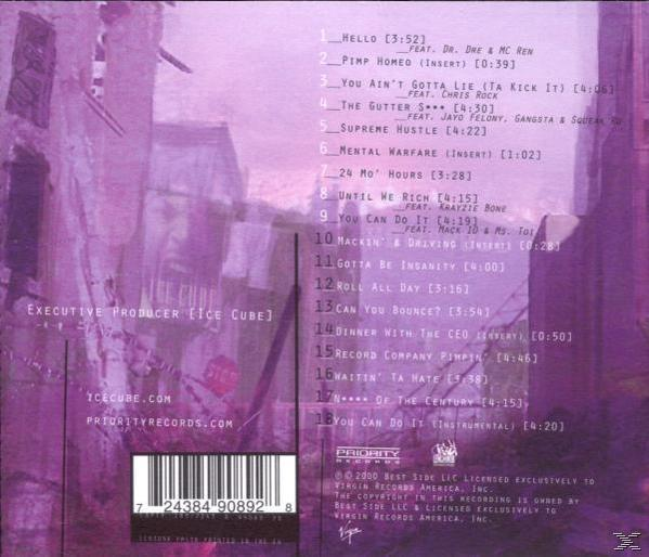 Album hátlap számlistával, lila háttéren. Az előadó Ice Cube. Fehér szöveg, Priority Records logó.