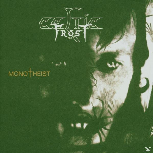 Albumcover: Gesicht, Spinnen, Text 'Celtic Frost Monotheist'.
