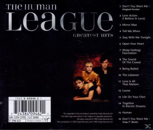 Achterkant van de cd. The Human League's Greatest Hits album. Met bandleden en tracklijst.