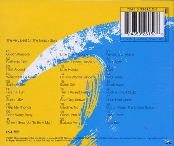CD-Rückseite mit blau-gelbem Design und Trackliste. Das Beach Boys Album.