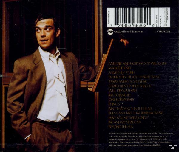 Robbie Williams CD-Cover mit einem Bild von ihm im Anzug. Songtitel und ein Barcode sind sichtbar.