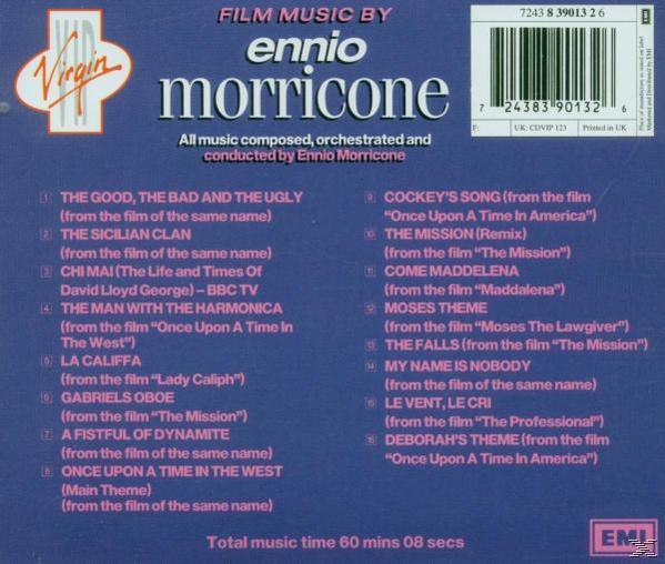 CD-Cover mit Titelliste der Filmmusik von Ennio Morricone. Blauer Hintergrund mit dem Namen des Künstlers und dem Virgin-Logo.