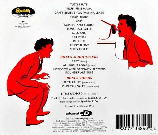 CD-hoes: Little Richard album achterkant, met songtitels, tekst en twee gestileerde rode figuren.