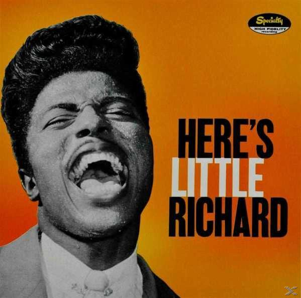 Albumhoes, een man zingt, oranje achtergrond, tekst: Here's Little Richard.