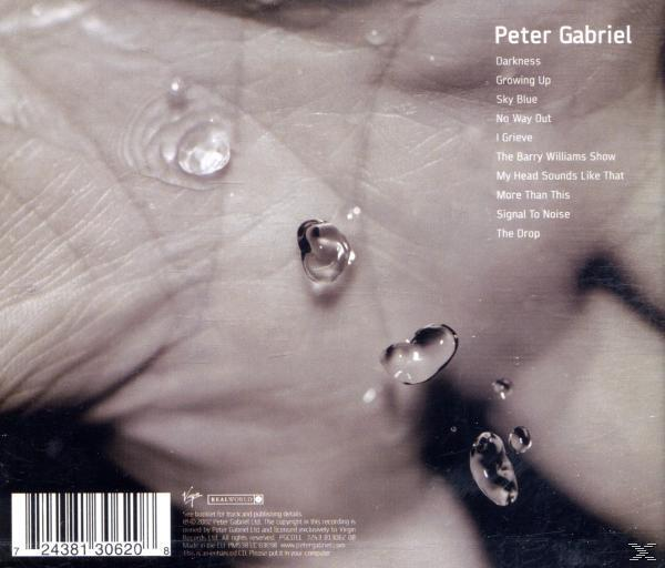 Albumcover mit Wassertropfen auf einer Hand mit einer Liste von Songs von Peter Gabriel.