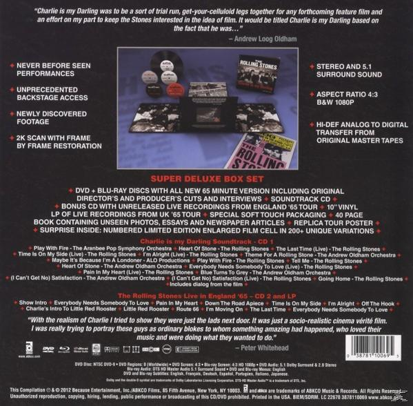 Box-Set-Cover: The Rolling Stones, mit einer Zusammenstellung von Live-Aufnahmen und Fotos. Schwarzer Hintergrund.