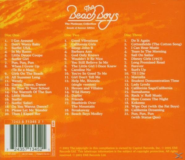 CD-borító narancssárga háttérrel és dalfelsorolással, 3 lemezre osztva. The Beach Boys.
