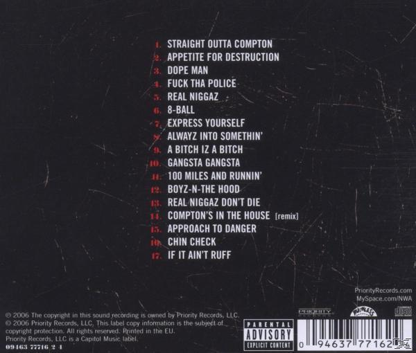 Album-Rückseite mit Titelliste für N.W.A. und Parental Advisory-Aufkleber.
