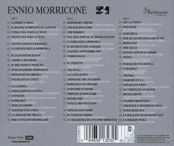 CD-Cover. Der Titel ist Ennio Morricone - The Platinum Collection. Listet drei CDs mit Songtiteln auf.