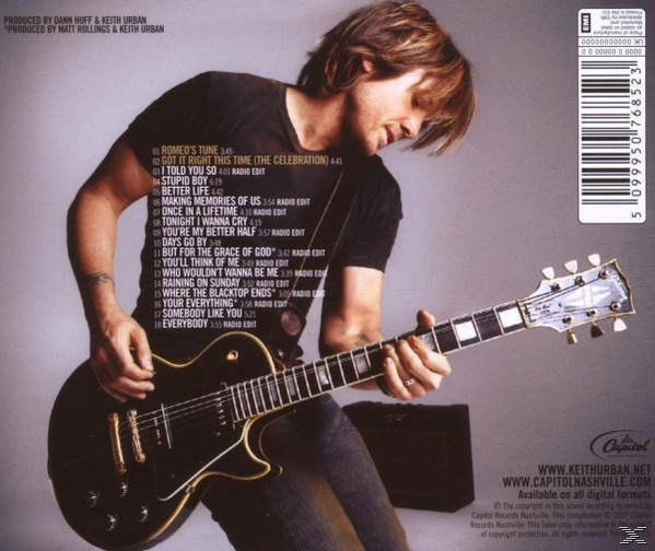 Rückseite eines Albumcovers. Mann spielt Gitarre, mit Titelliste. Künstler: Keith Urban.