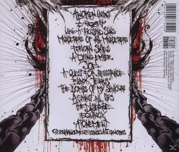 Album-Rückseite mit handgeschriebener Titelliste und dunklem, künstlerischem Design mit roten Farbtropfen und Händen.