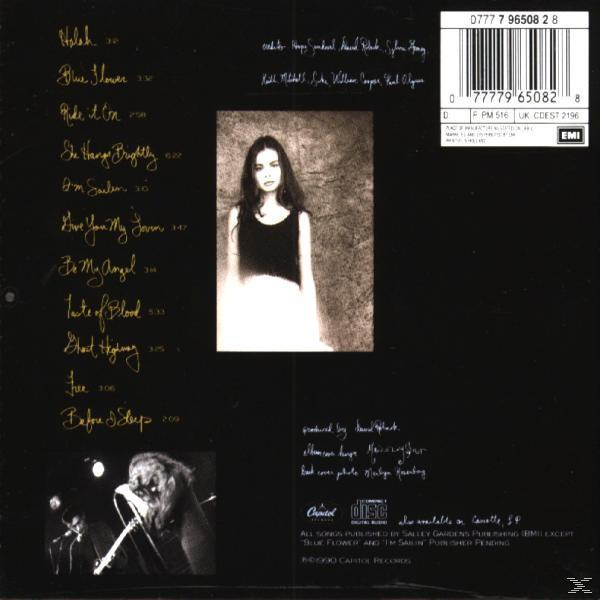 Rückseite eines Albums mit Trackliste und einem Foto einer Frau.