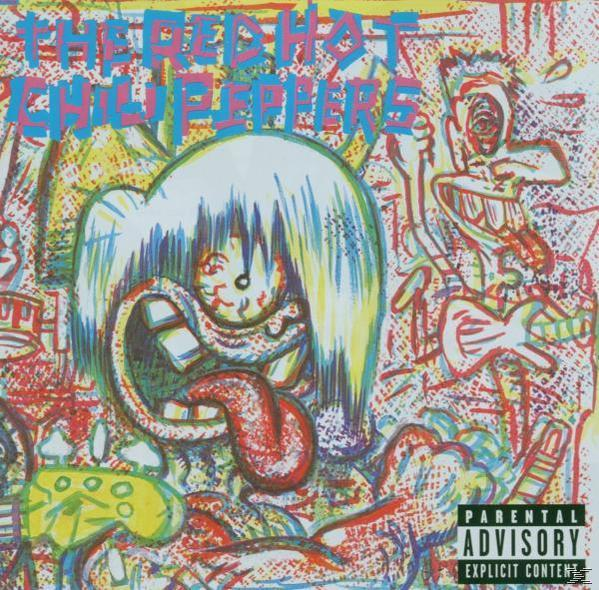 Albumcover-Art von The Red Hot Chili Peppers. Eine cartoonartige Figur mit herausgestreckter Zunge und chaotischer Kunst.