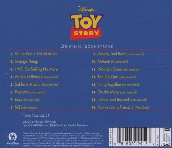 A Toy Story filmzene CD tokjának hátulja. Kék háttér, a számok listája és a stáblista.