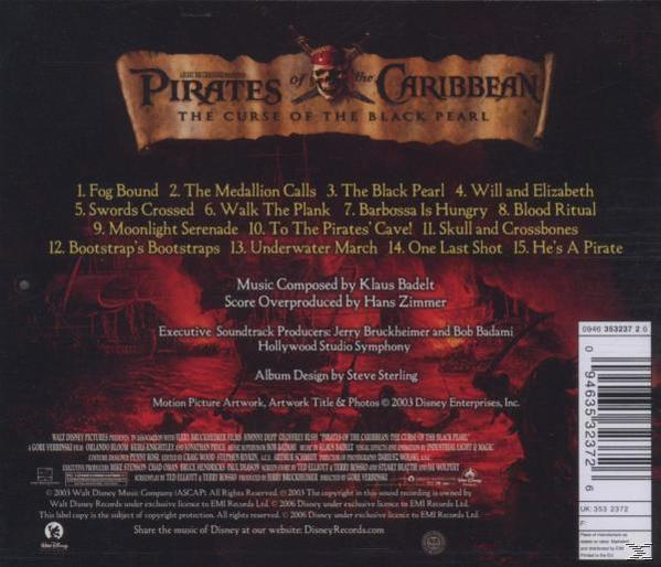 Albumrückseite mit Titelliste und Text über den Film 'Pirates of the Caribbean'.