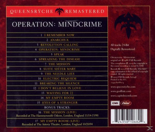 Ein Album mit Trackliste. Der Bandname ist Queensrÿche, Operation: Mindcrime.