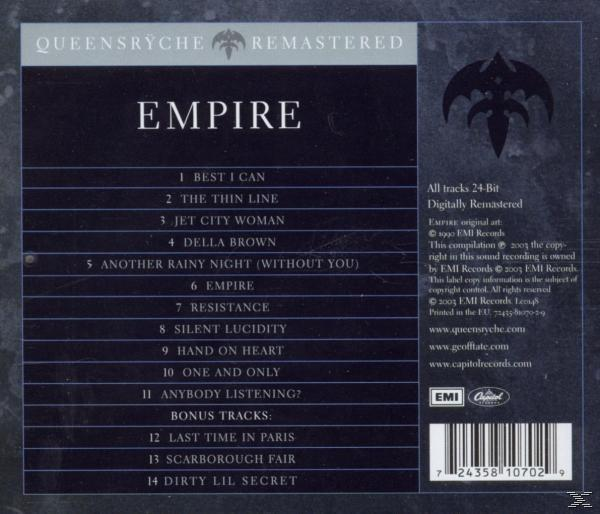 Album-Rückseite mit Titelliste, Logo und Text auf dunklem Hintergrund.