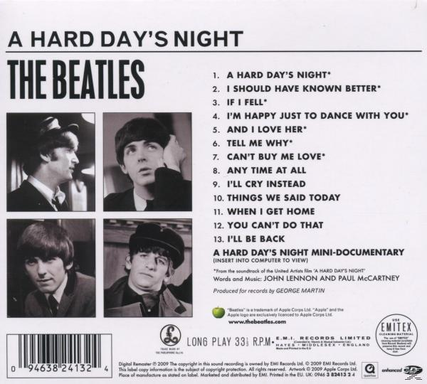 A Beatles 'A Hard Day's Night' című albumának borítója. A zenekar fotóit és a dalok listáját tartalmazza. Fekete-fehér.
