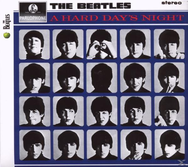 Az 'A Hard Day's Night' album borítója. A Beatles arcai egy rácsban vannak. A cím és a zenekar neve felül található.
