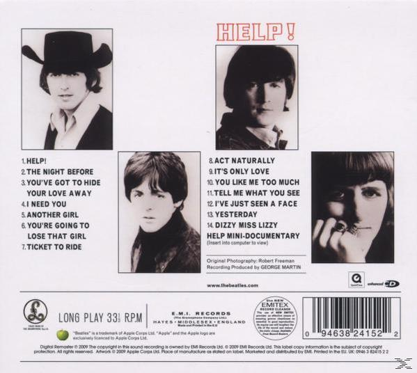 Album borító: Beatles 'Help!' album. A zenekar tagjainak fotói és a számlista.