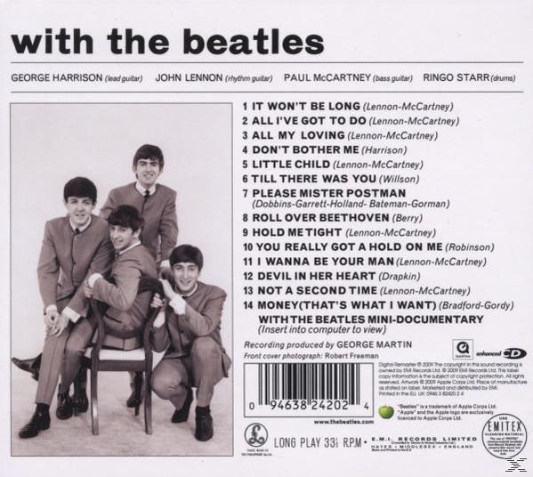 Albumcover von 'With The Beatles' mit den Bandmitgliedern. Text listet die Songs auf dem Album auf.