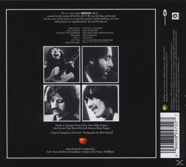 Egy CD hátulja. Fekete-fehér fotók a Beatles-ről. A szöveg dalokat sorol fel.