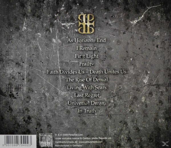 Album-Rückseite. Text enthält die Titelliste: 'As Horizons End', 'I Remain', 'First Light' u.a.