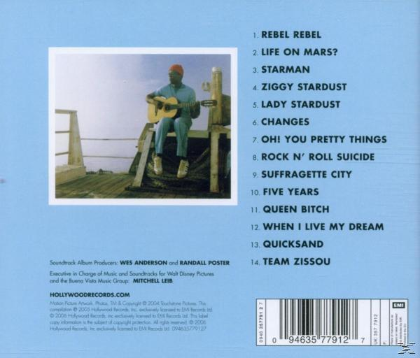 Mann spielt Gitarre auf einem Pier, umgeben von Albumtiteln.